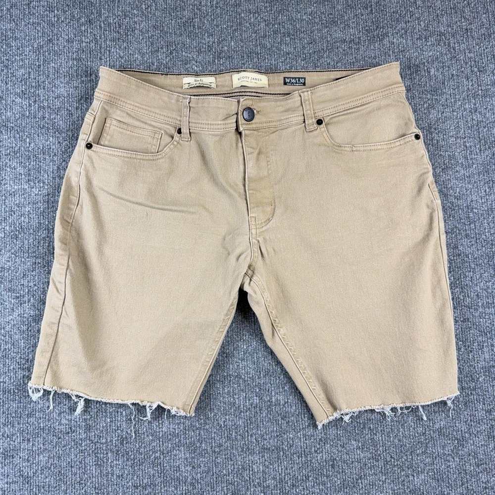 Scott James Shorts Mens 36 Beige Chino 10 Inseam Slim Fit Stretch Cutoff Casual